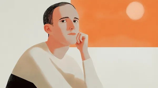 A stylised illustration of a man resting his chin on his hand, against a block of orange and cream.