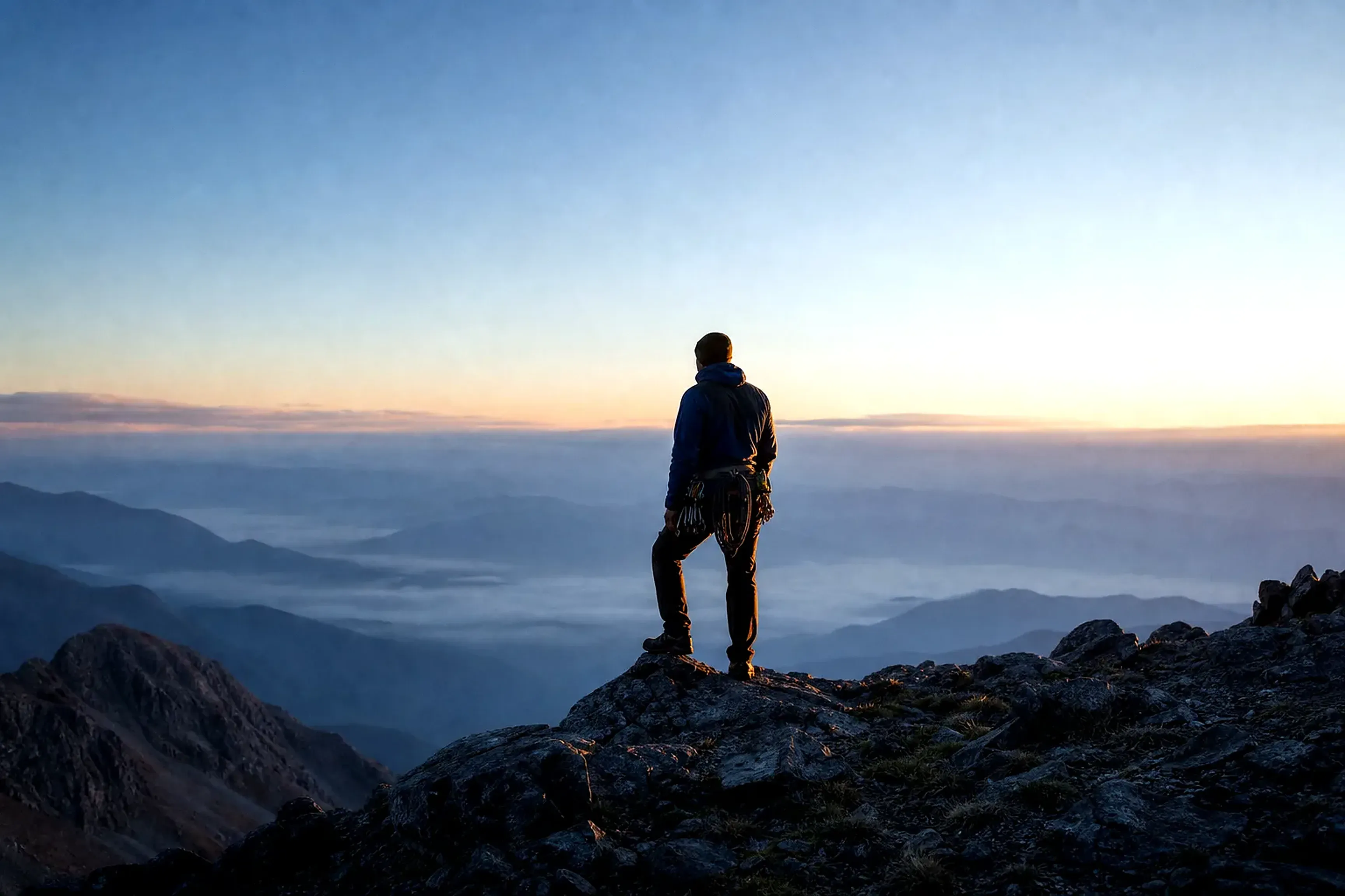 A lone climber pausing on a high ridge at first light, back to camera, above a soft sea of cloud filling the valley below.