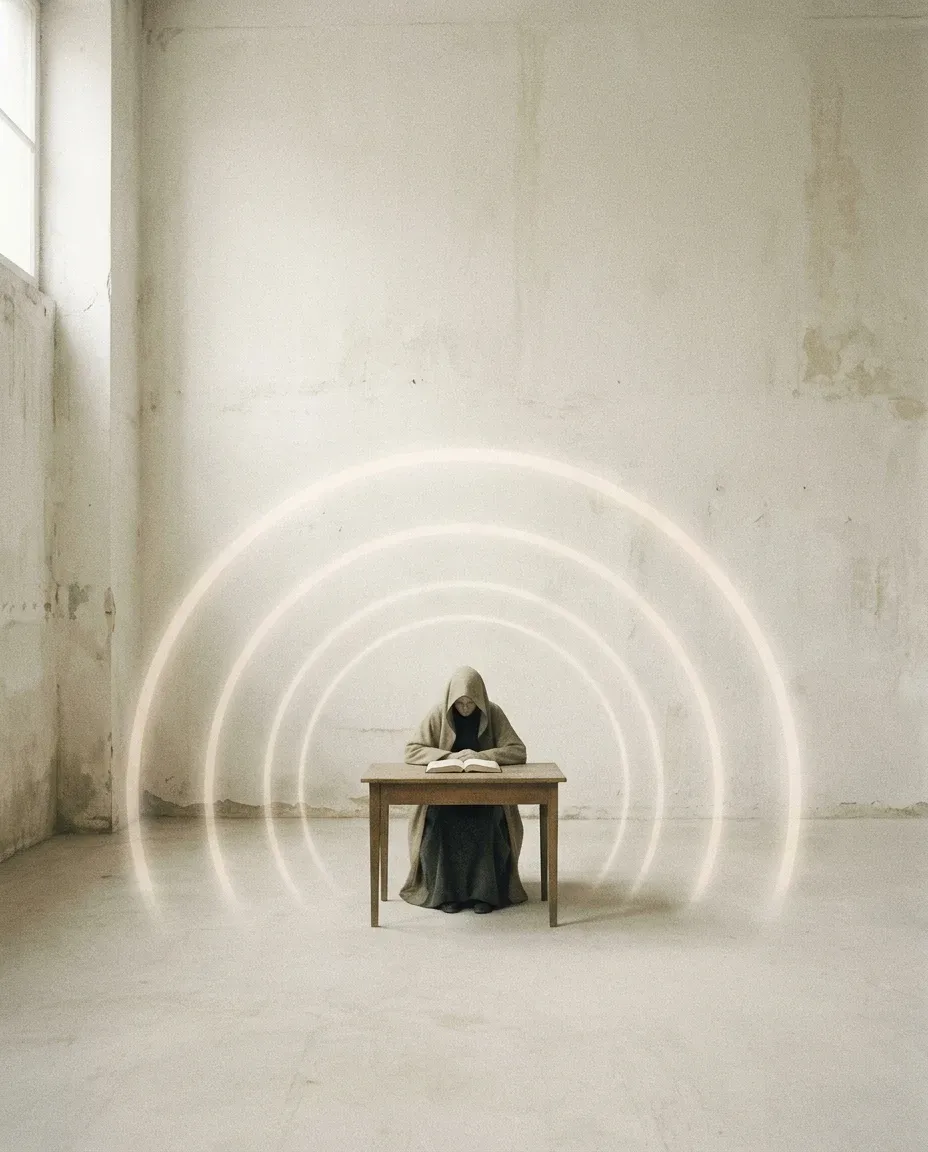 A quiet photograph of a person working at a desk at the still centre of a bare room, ringed by soft concentric loops of light — the calm human at the centre of an automated system.