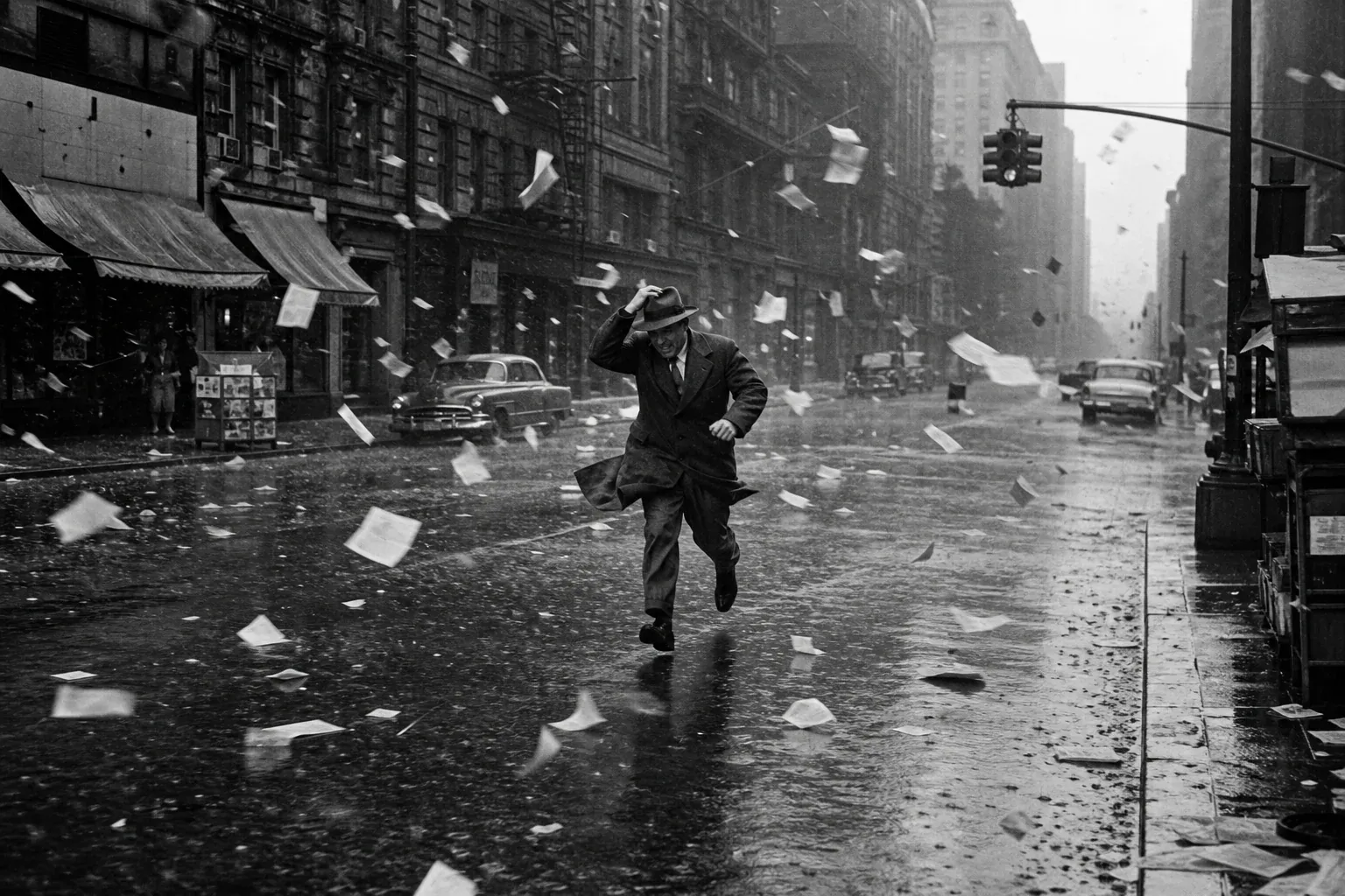 A man in hat and overcoat running down a wet city street through a blizzard of loose paper, one hand clamped to his hat.