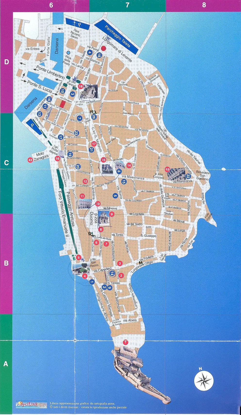 The Ortygia street map, sights numbered