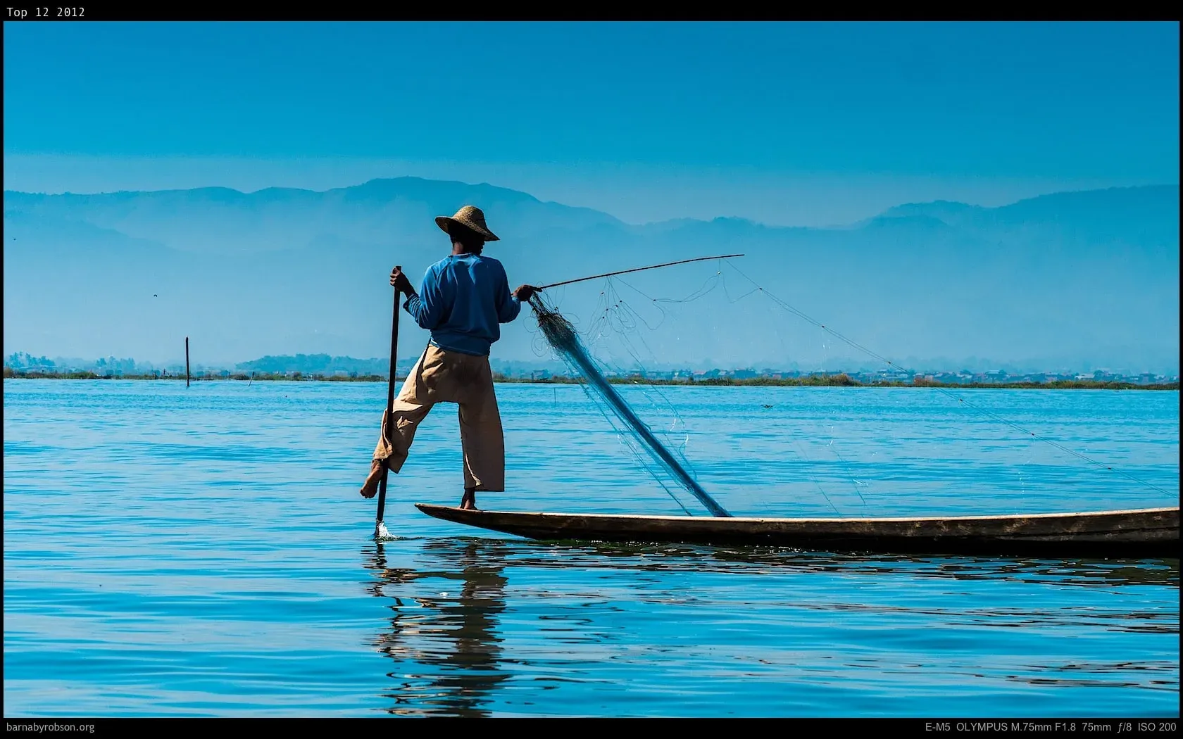 A leg-rowing fisherman balancing on his boat on blue water at Inle Lake.