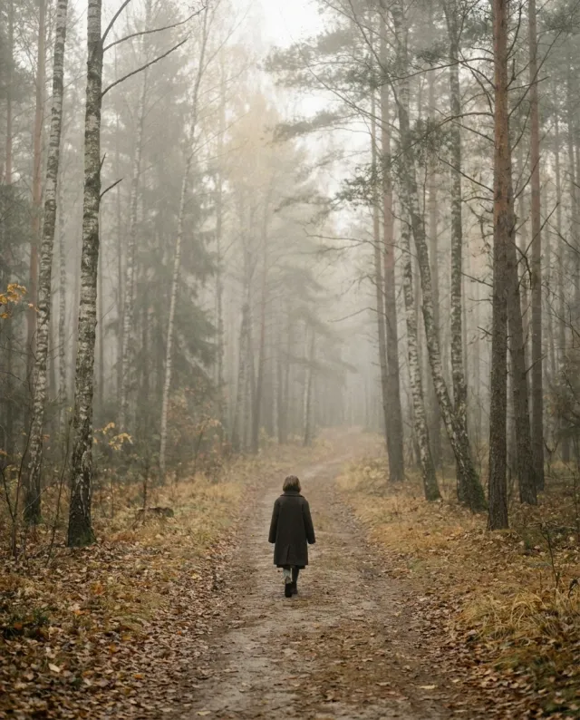 A cinematic photograph of a lone figure walking a path through a thin misty autumnal forest, quiet and nostalgic — Murakami's Norwegian Wood as cinema.