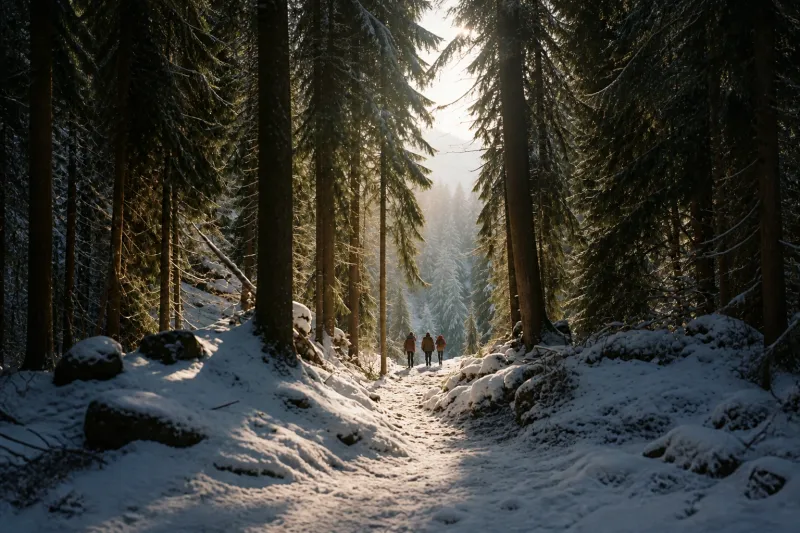 Three walkers in bright jackets on a snow path deep in a backlit conifer forest, sun breaking through the canopy behind them.