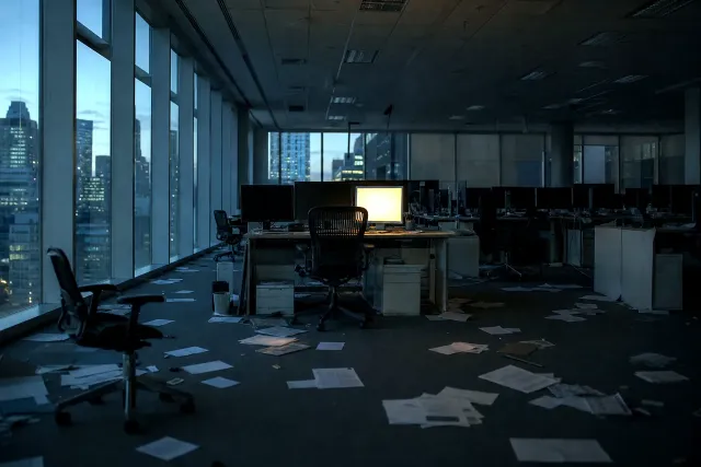 An abandoned open-plan trading office at dusk, chairs left askew and papers scattered, one monitor still glowing amber against the fading city light.