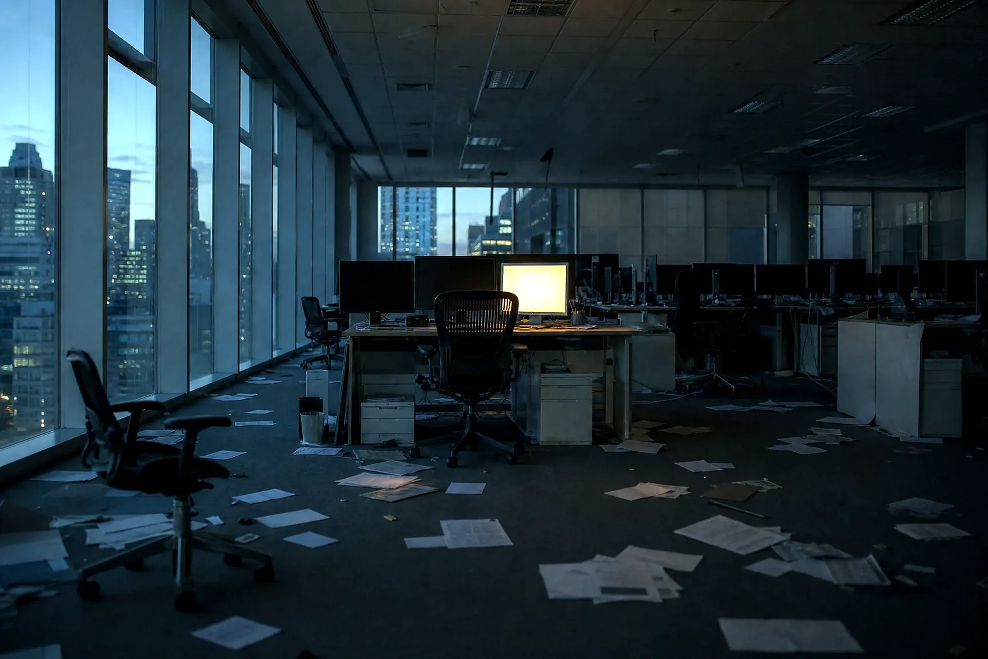 An abandoned open-plan trading office at dusk, chairs left askew and papers scattered, one monitor still glowing amber against the fading city light.