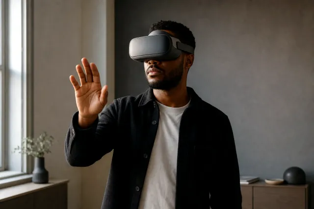 A person wearing a modern VR headset, one hand raised to touch the unseen, in a quiet minimal interior with soft window light.