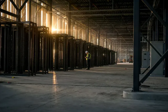 A data-centre hall under construction at dawn, one worker standing small among receding rows of empty server-rack frames as low golden light shafts through the unfinished walls.