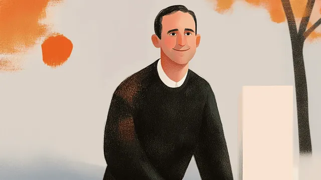 Stylised illustration of a smiling man in a black jumper, with autumn trees.