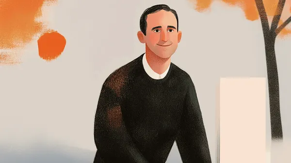 Stylised illustration of a smiling man in a black jumper, with autumn trees.