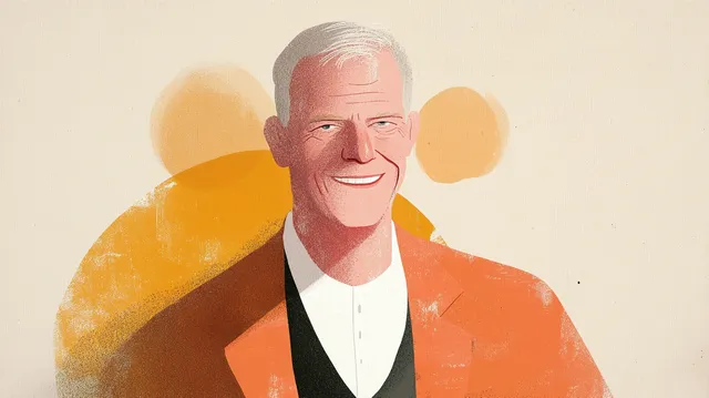 Illustrated portrait of a smiling silver-haired man in an orange jacket against warm golden sun shapes.