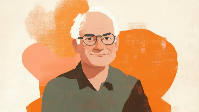 Illustrated portrait of a smiling older man with white hair and glasses.