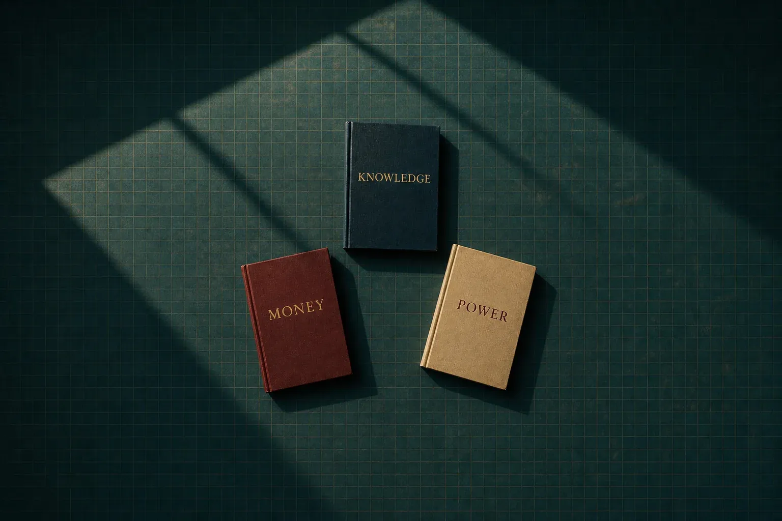Three cloth-bound books laid in a triangle on a dark green cutting mat in raking window light, lettered in gold: Knowledge above, Money and Power below.