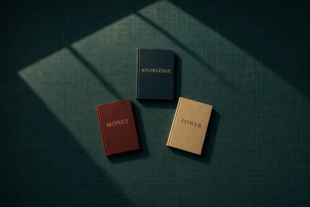 Three cloth-bound books laid in a triangle on a dark green cutting mat, lettered in gold: Knowledge above, Money and Power below.