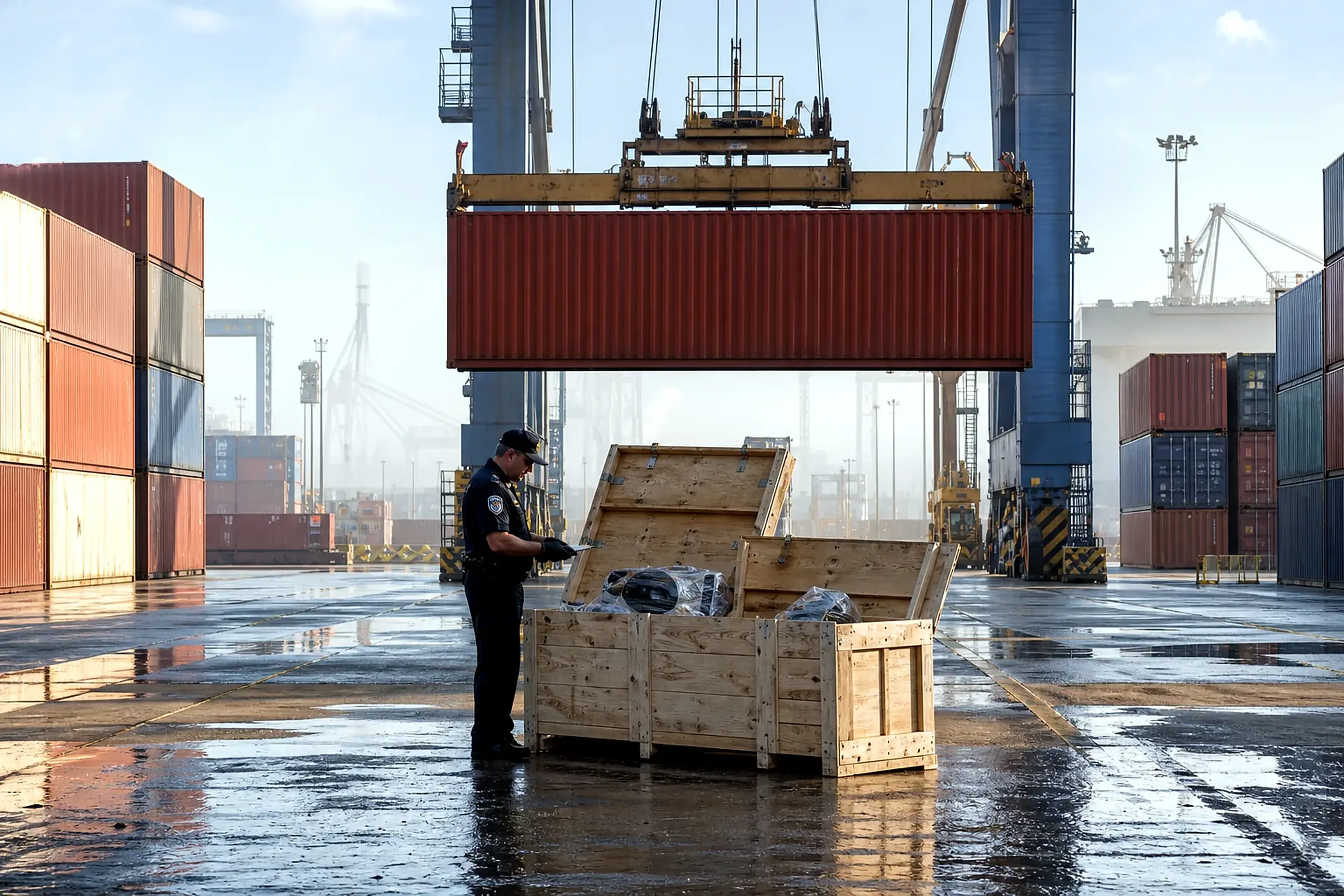 A customs officer inspecting an opened wooden shipping crate at a container port after sunrise, a rust-red container suspended from a crane behind.