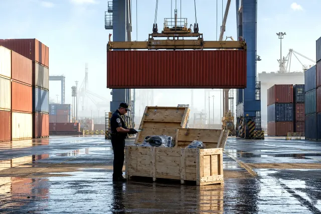 A customs officer inspecting an opened wooden shipping crate at a container port after sunrise, a rust-red container suspended from a crane behind.