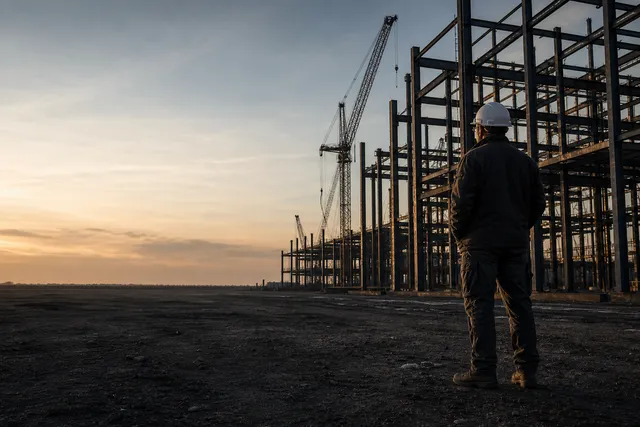 A worker in a hard hat facing steel framework on a construction site at dawn