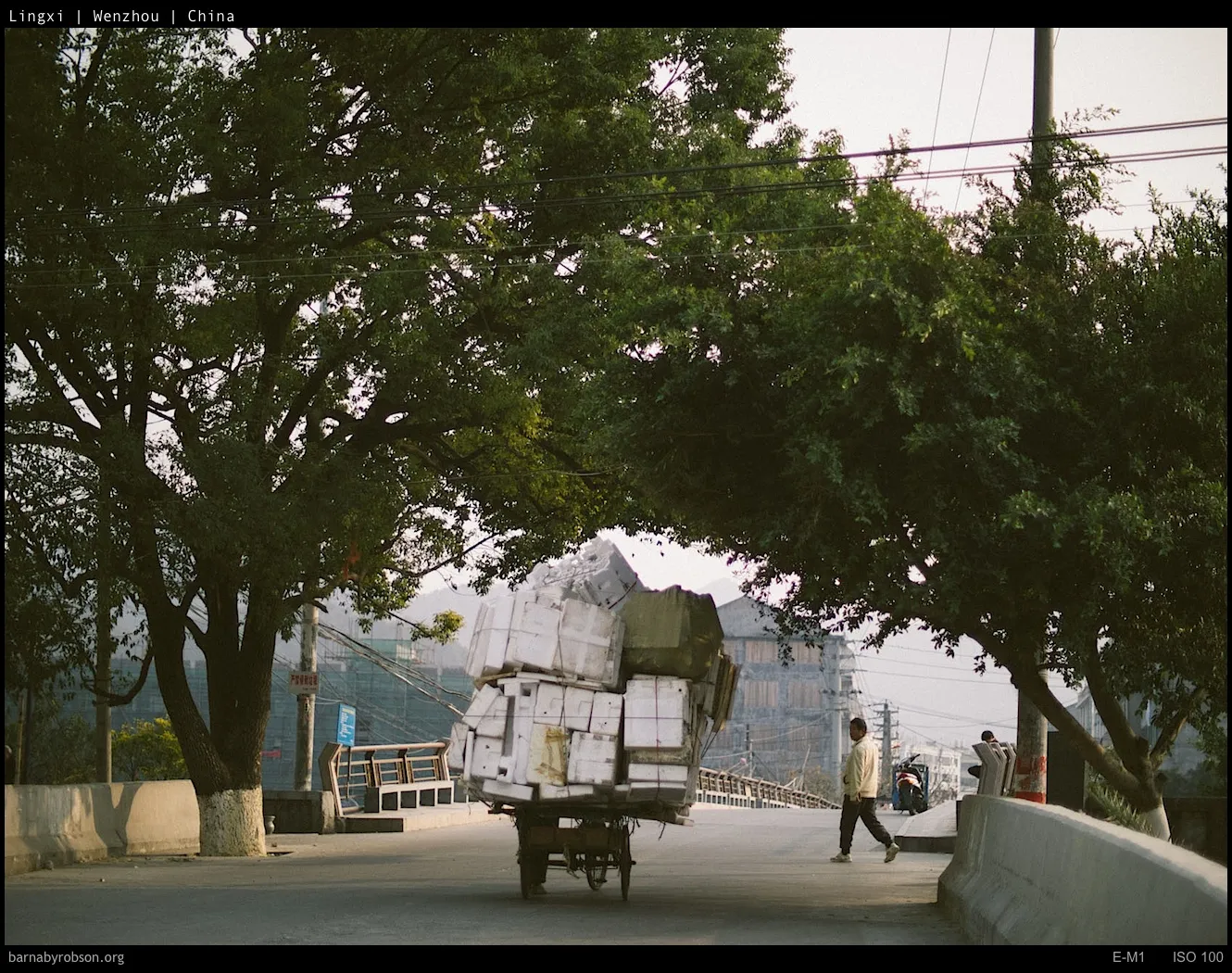 Overloaded cart of white boxes on a road with trees and people.