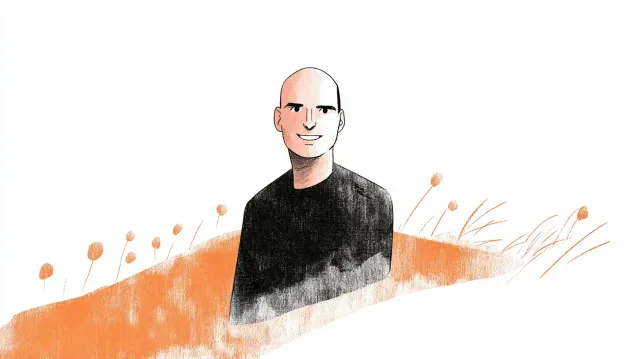 Cartoon of a smiling bald man in a dark shirt, surrounded by orange plants.