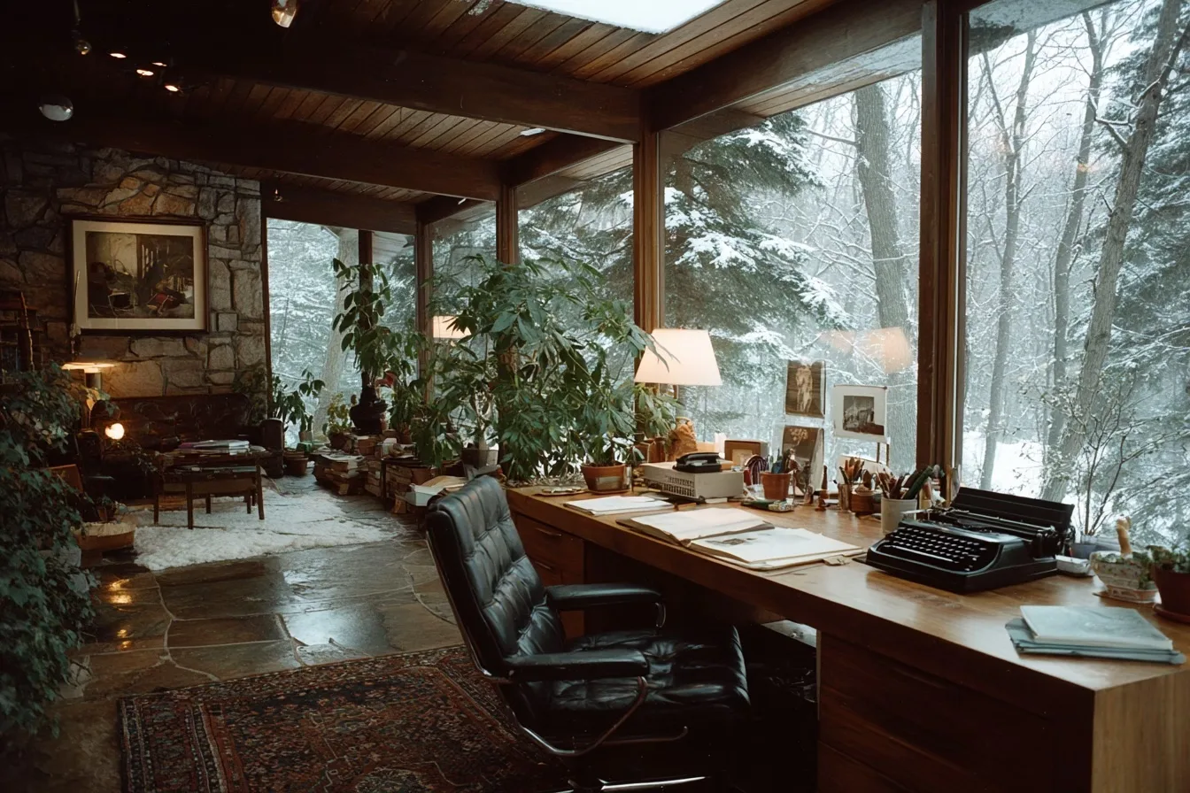 A warmly lit mid-century office interior with a typewriter, leather chairs and tall windows onto a snowy forest