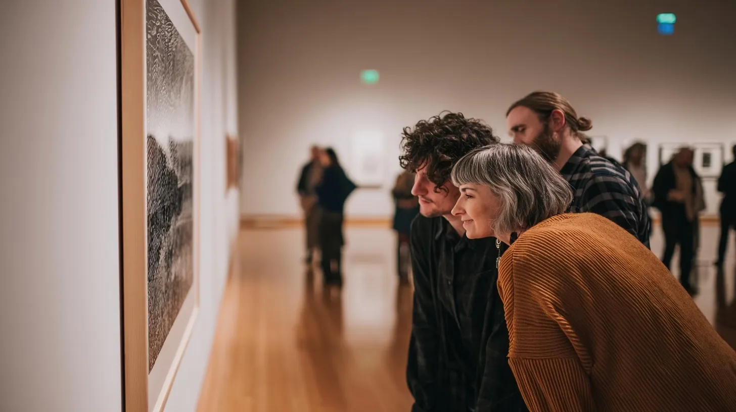 Visitors quietly viewing paintings in a gallery