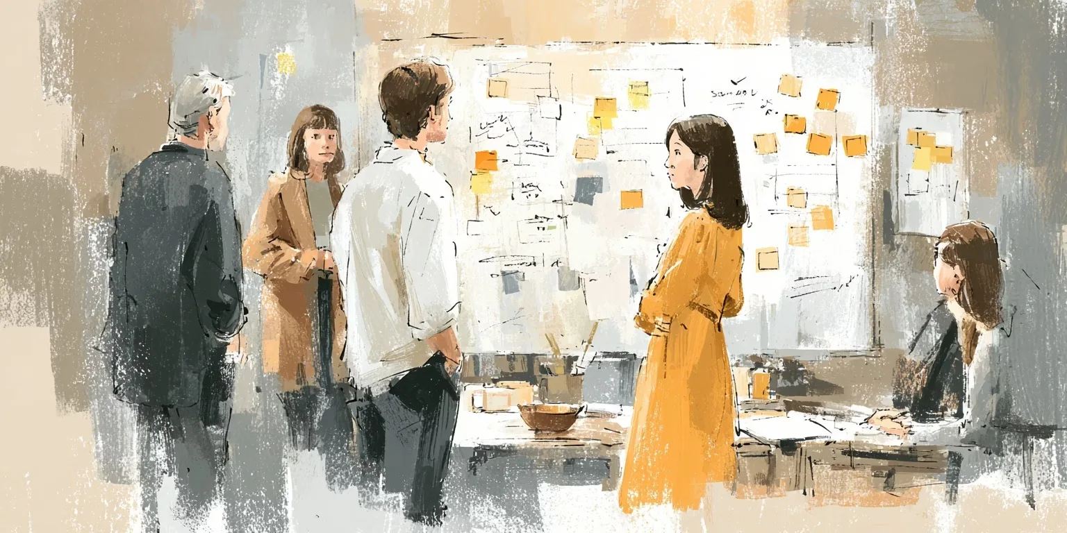 A loose, painterly scene of a team clustered around a wall of sticky notes