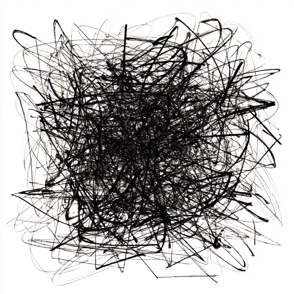 A dense tangle of scribbled black lines
