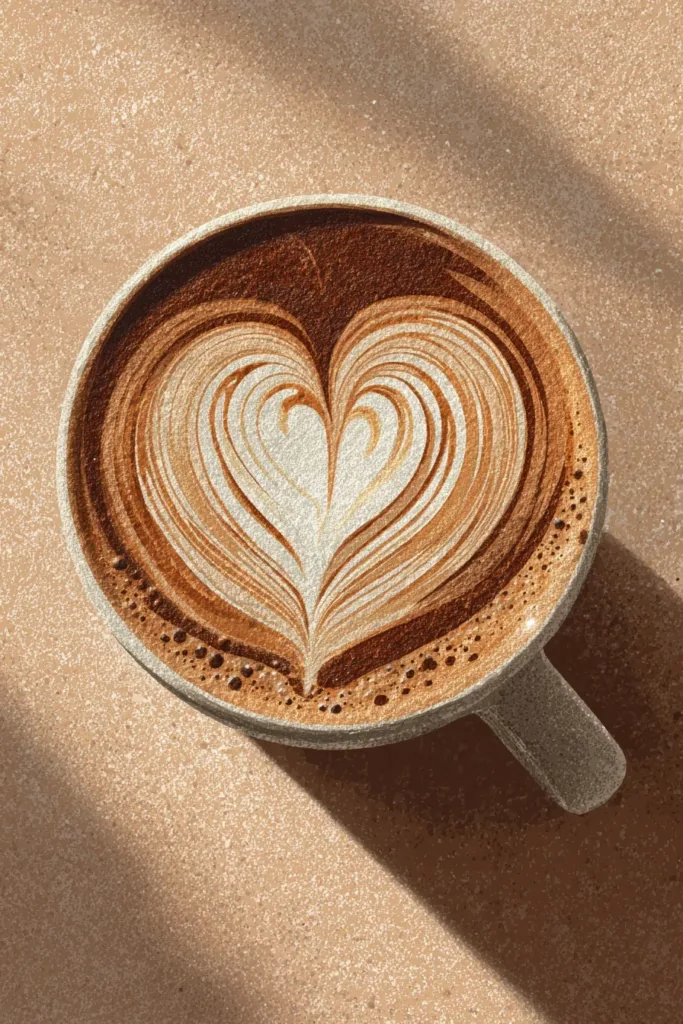A flat white coffee with a heart poured in the crema