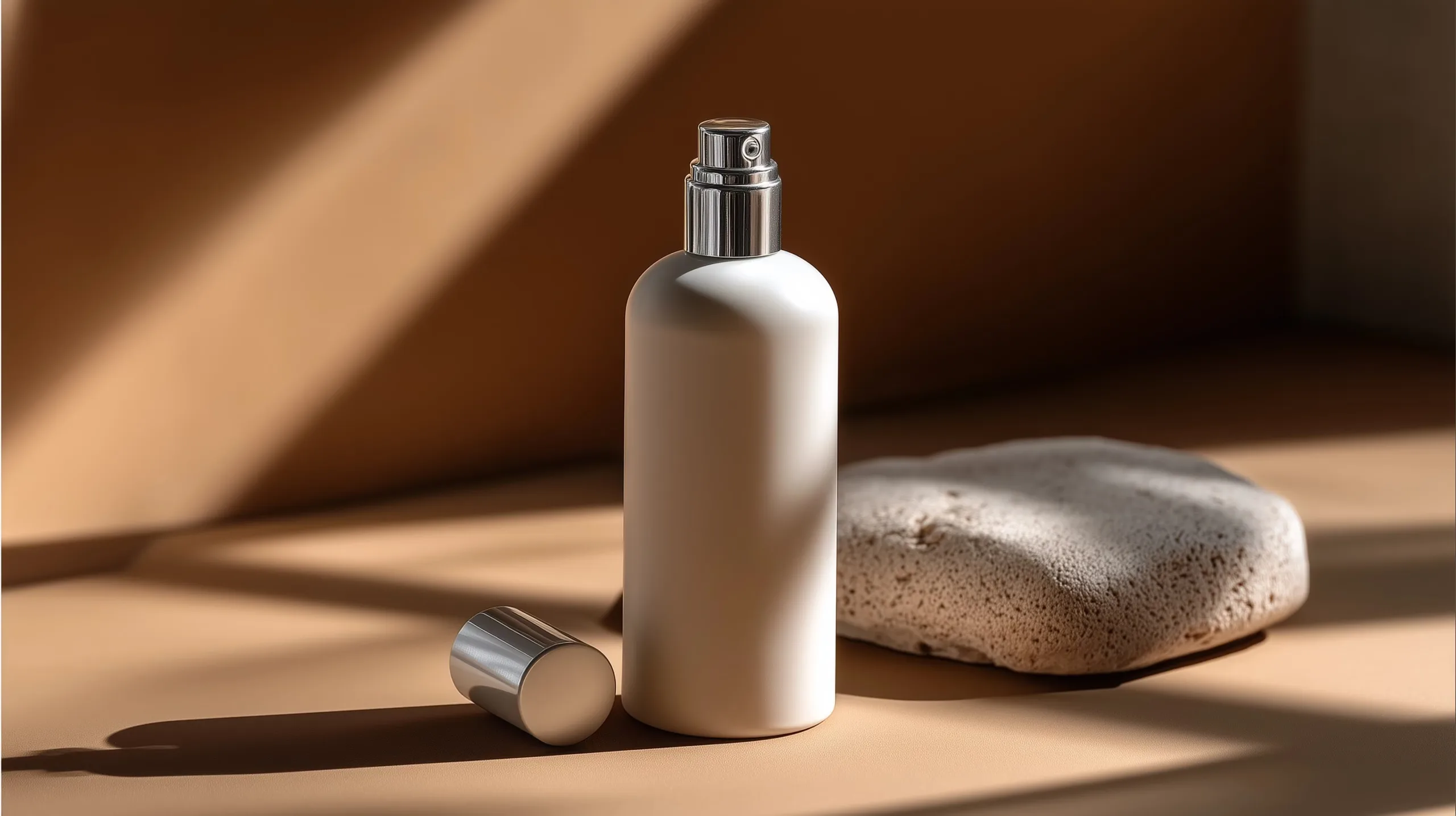 A minimalist cosmetic bottle on a stone in warm light