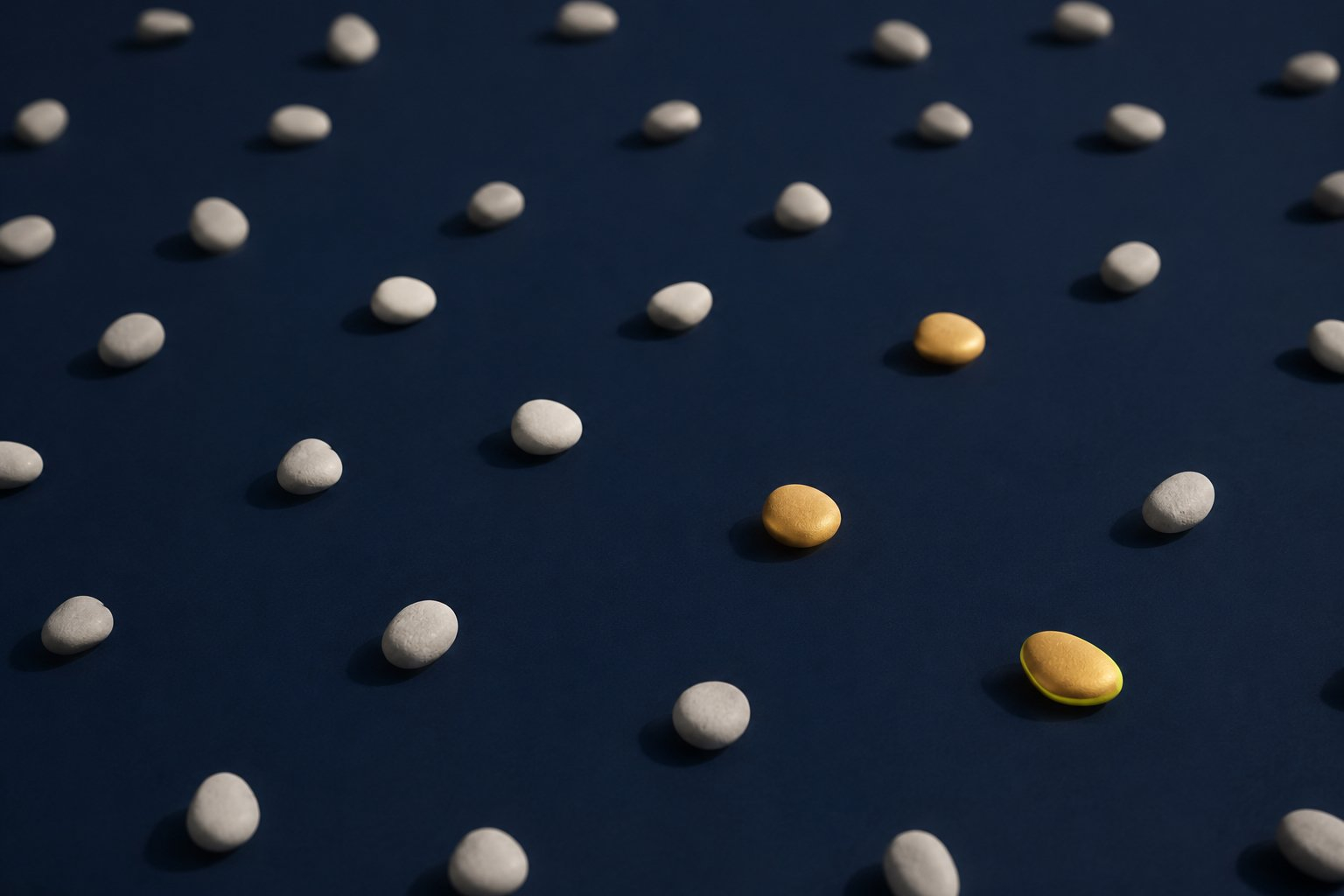 A dark, calm surface scattered with pale pebbles and a few gold ones — the few things that make a life