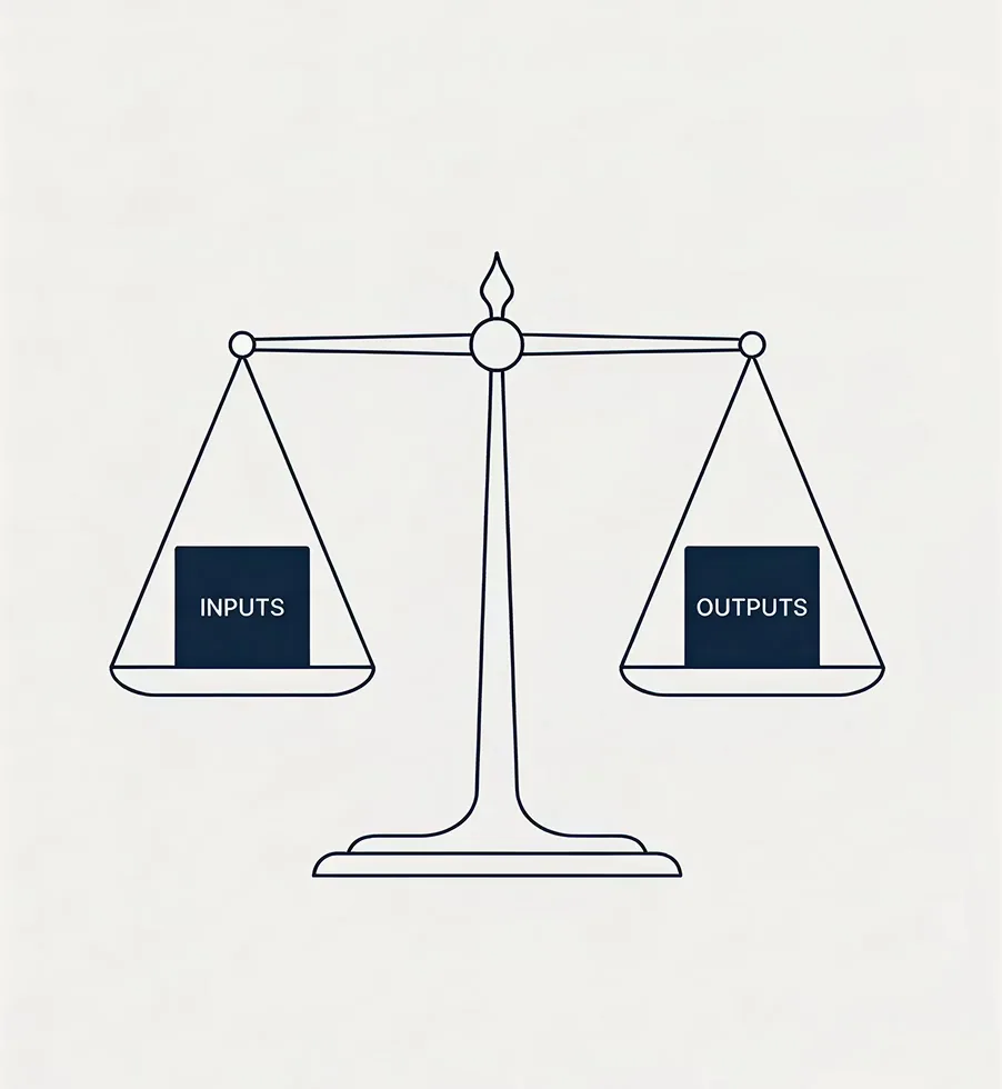A pair of scales holding equal navy blocks labelled inputs and outputs, resting level