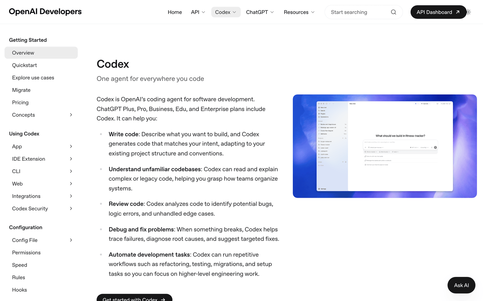 OpenAI Codex developer overview page