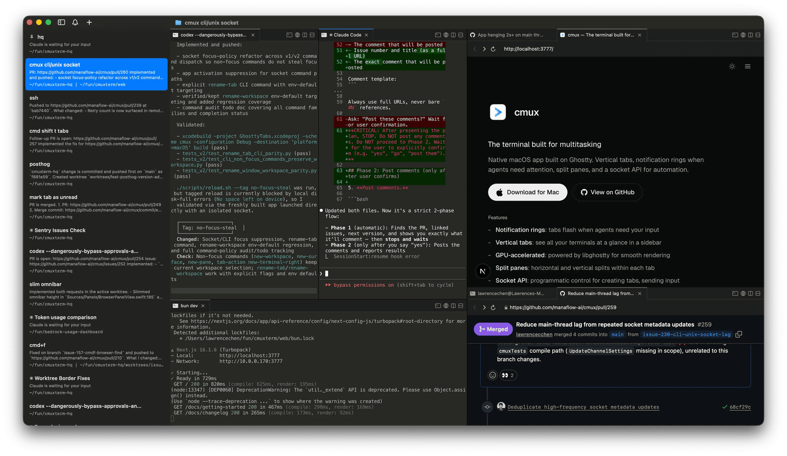 cmux running several AI coding agents in vertical tabs