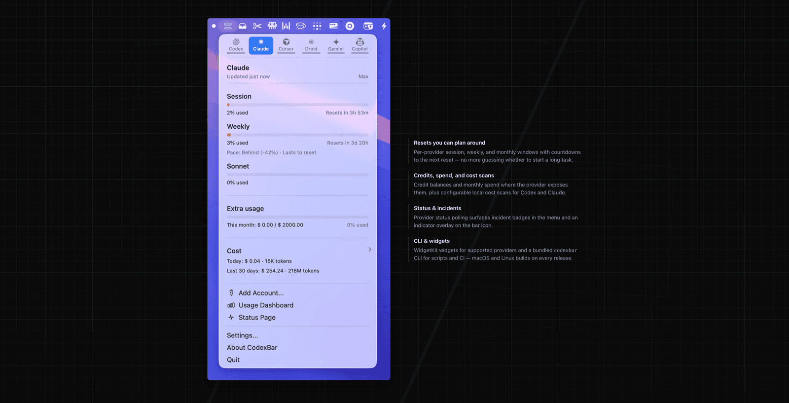 CodexBar menu bar panel showing usage, resets and spend