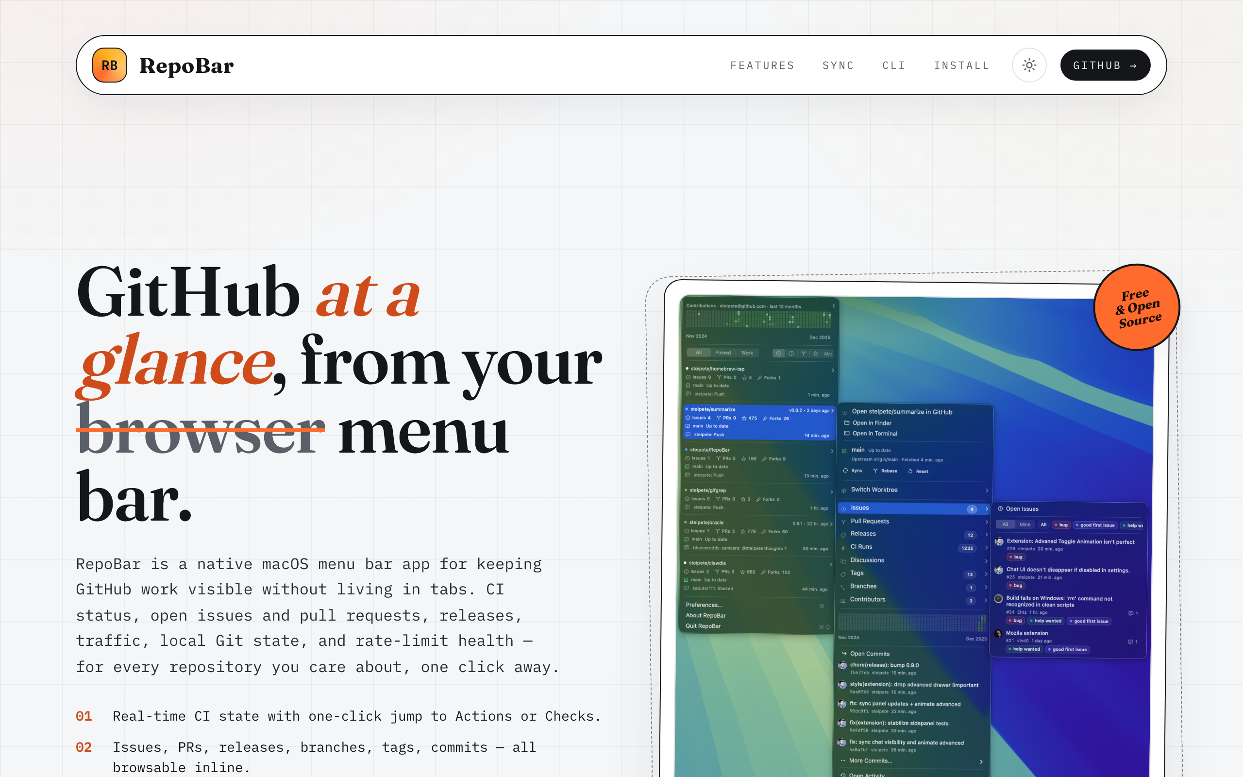 RepoBar landing page showing GitHub status in the menu bar