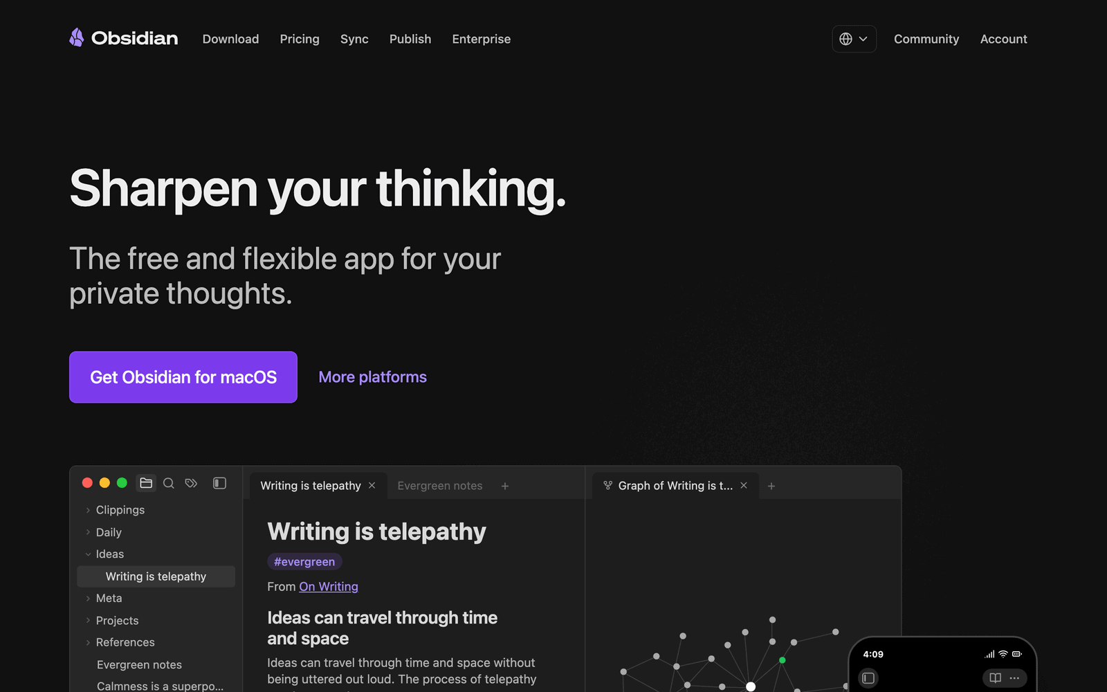 Obsidian app landing page