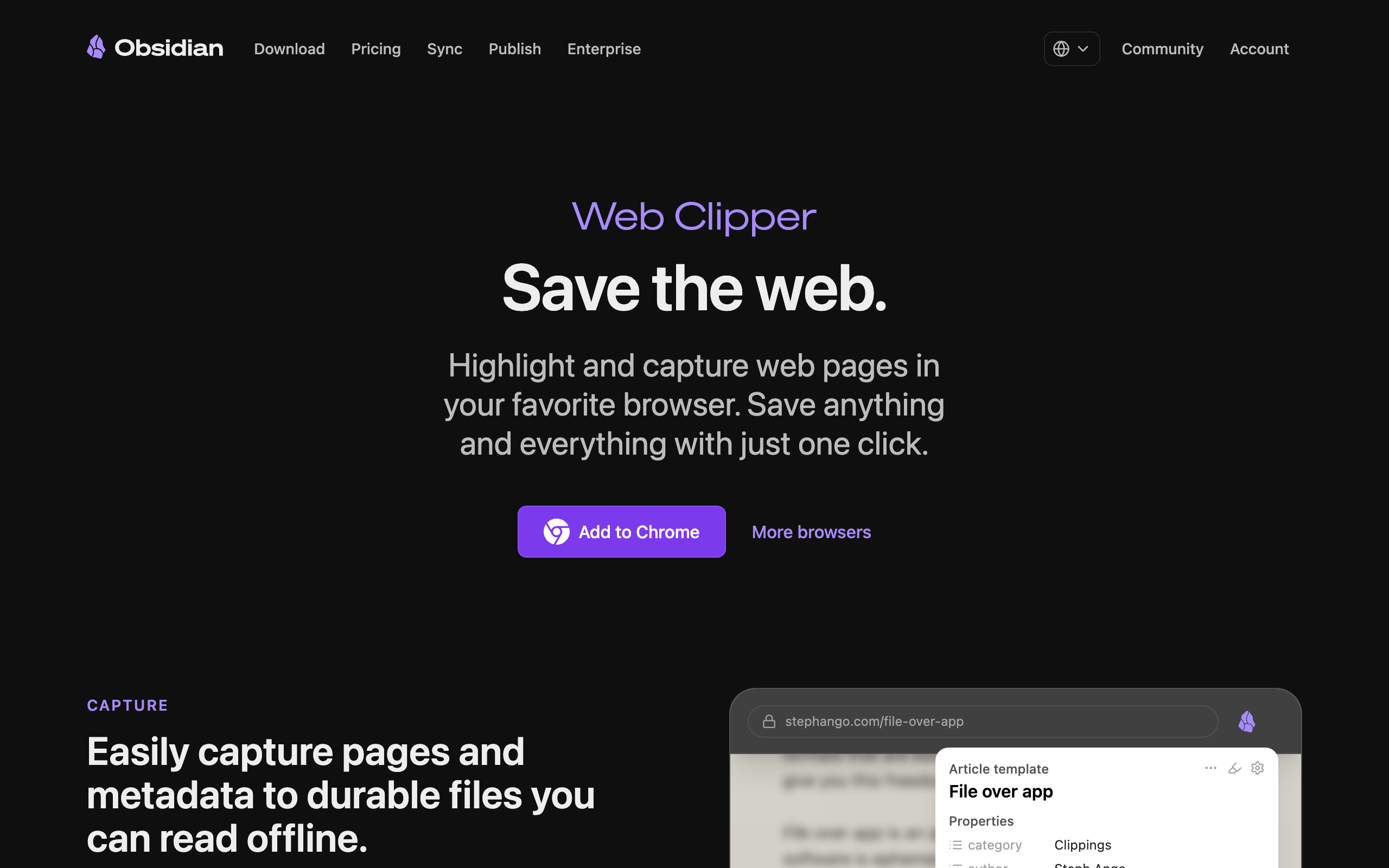 Obsidian Web Clipper landing page