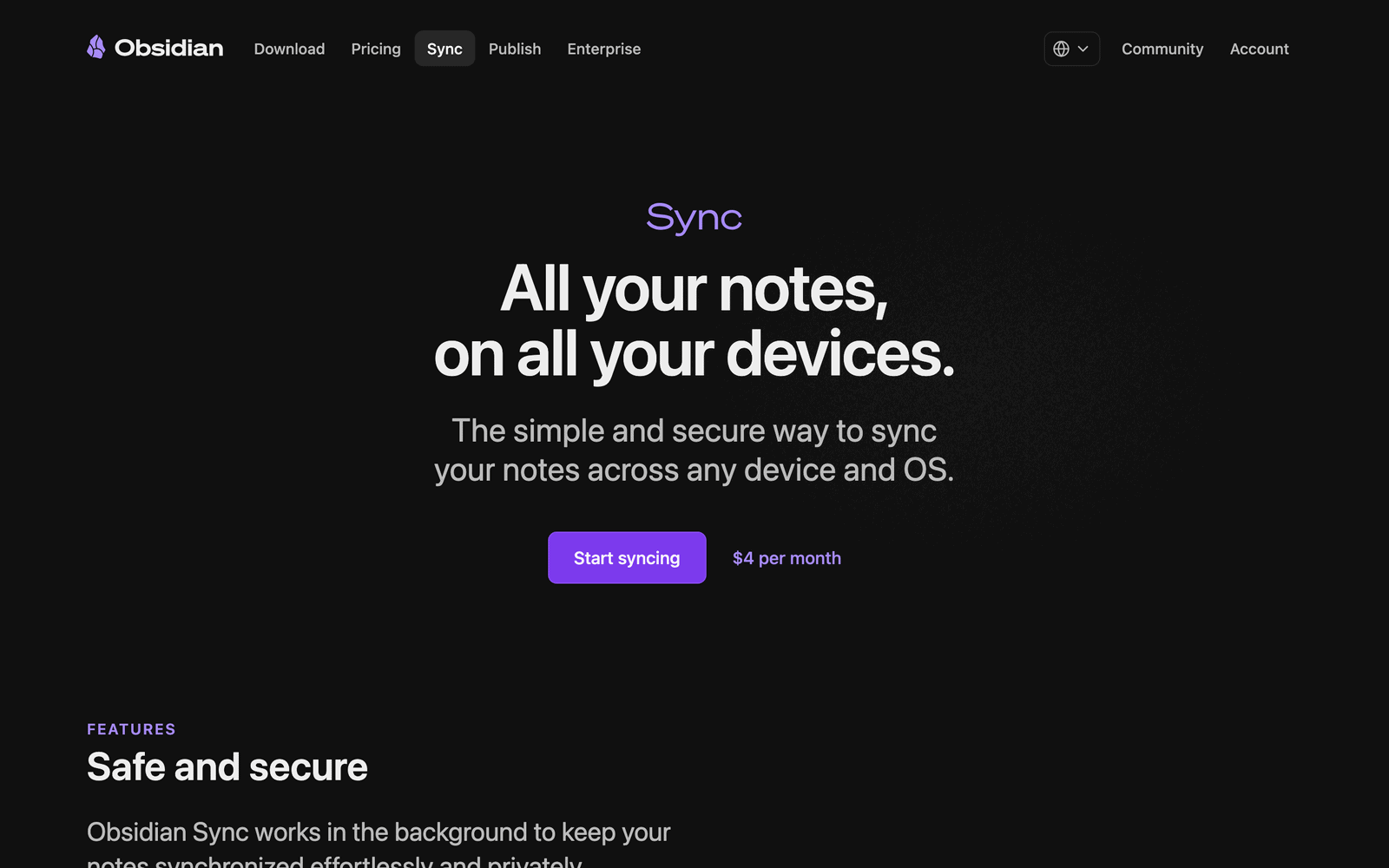 Obsidian Sync feature page