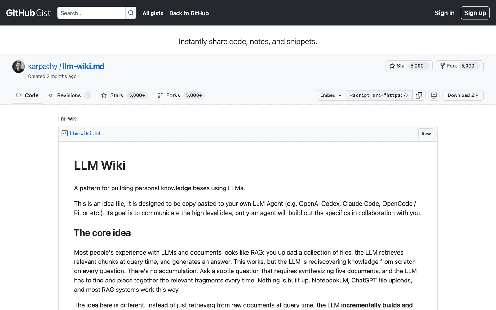 Karpathy gist on LLM-maintained knowledge base wikis