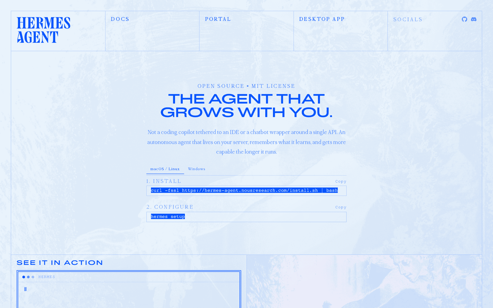 Hermes agent by Nous Research landing page