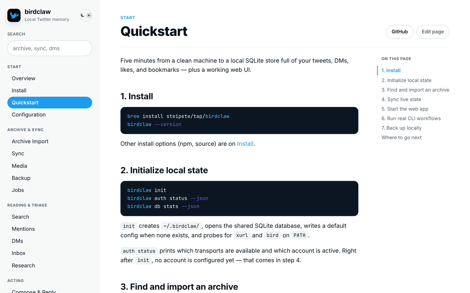 birdclaw quickstart for archiving Twitter/X data