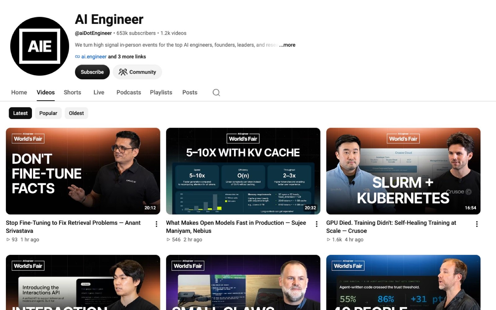 The AI Engineer YouTube channel, showing recent conference talks