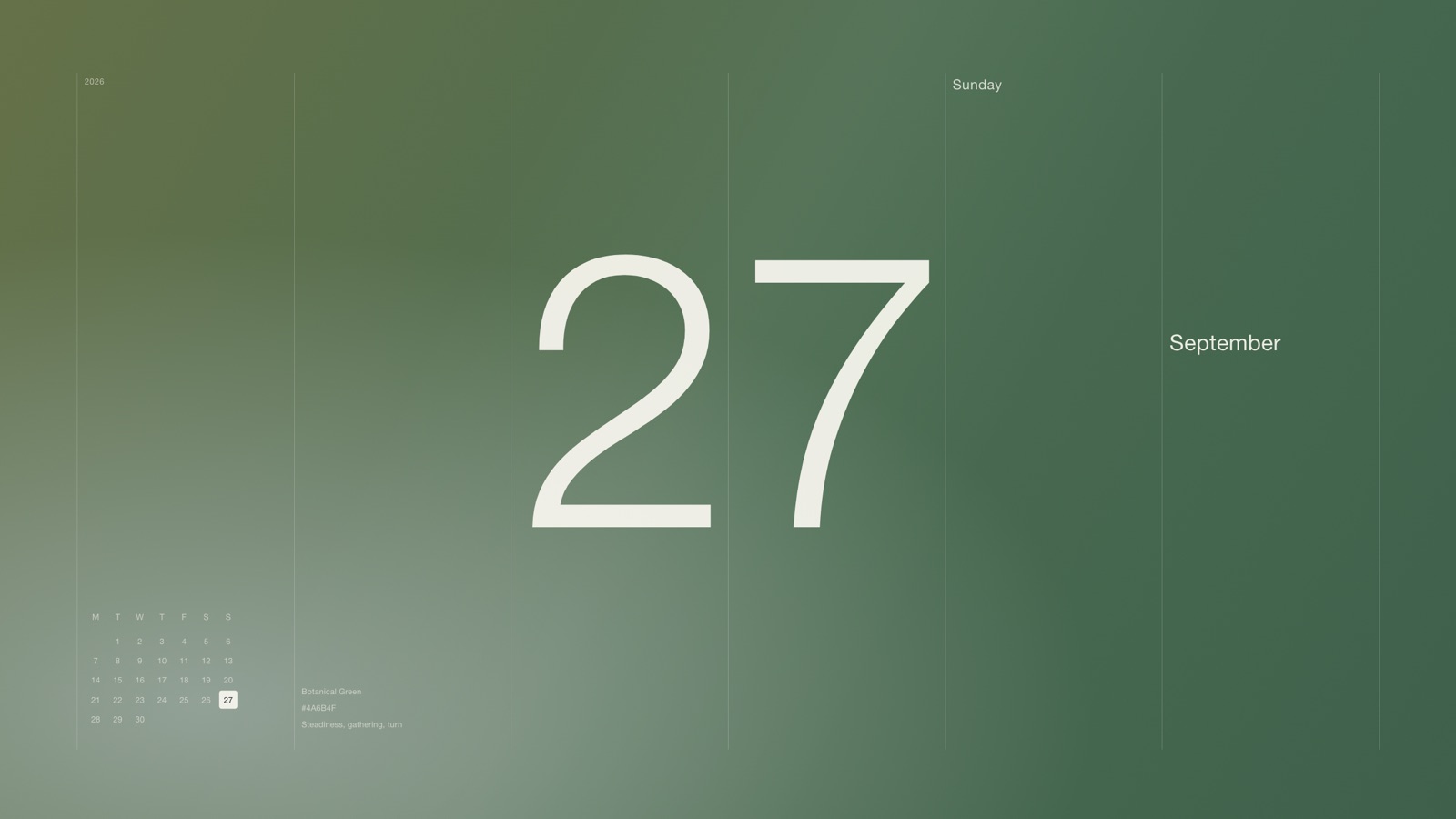 The wallpaper calendar: a large date with the month and a small calendar on a green ground