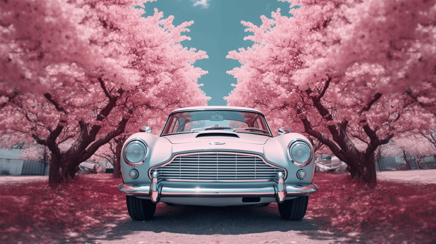 A vintage car beneath pink cherry blossom