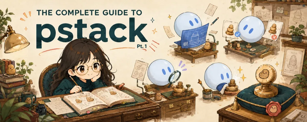 Cover of The Complete Guide to pstack, Part 1: Lauren at a desk with a notebook while round robots check prototypes at nearby workbenches