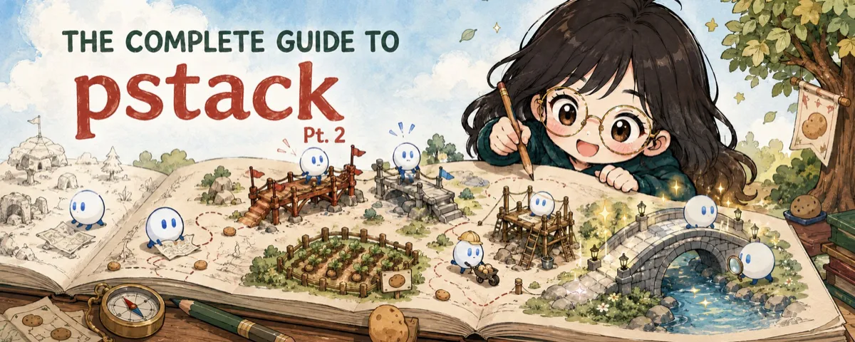 Cover of The Complete Guide to pstack, Part 2: Lauren draws on a large open book that holds a miniature landscape of villages and bridges