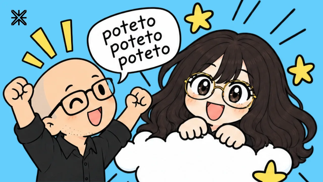 Cartoon of Matt Pocock and Lauren Tan, with a speech bubble that says poteto three times