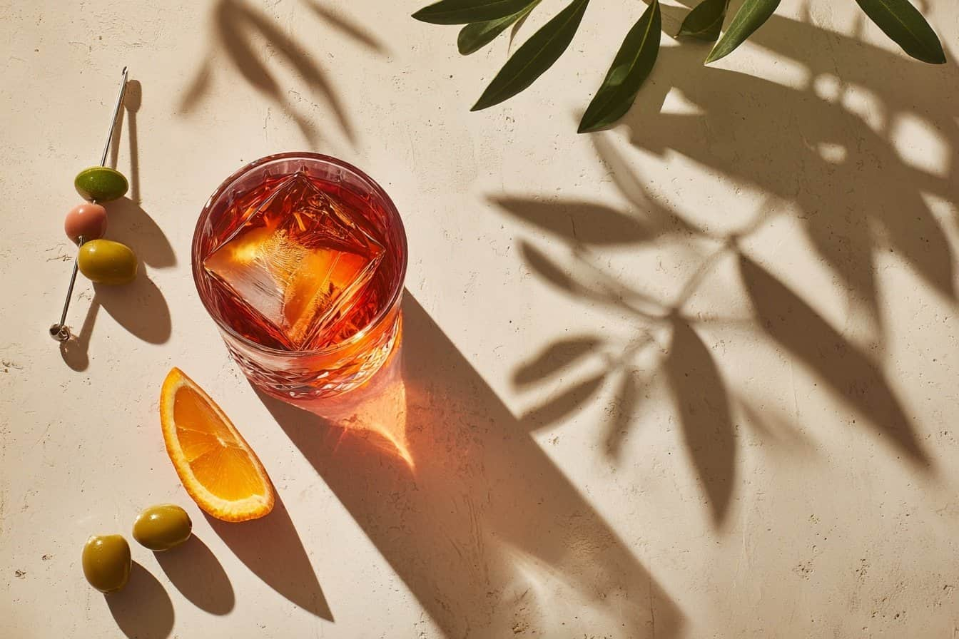 A backlit iced drink with citrus and dappled leaf shadows