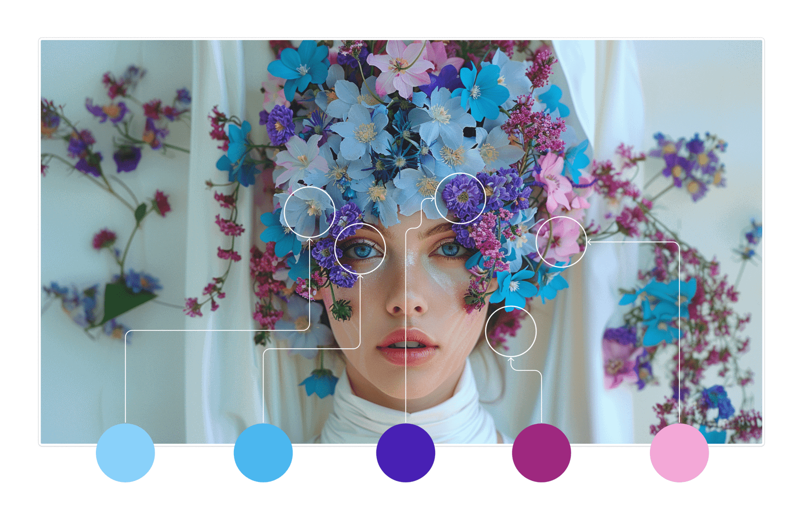 A portrait overlaid with flowers and a row of colour swatches