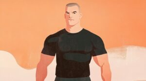 Strongman athlete with a muscular build and intense expression, wearing a fitted black t-shirt, standing confidently against an abstract warm-toned background, promoting fitness and strength training.